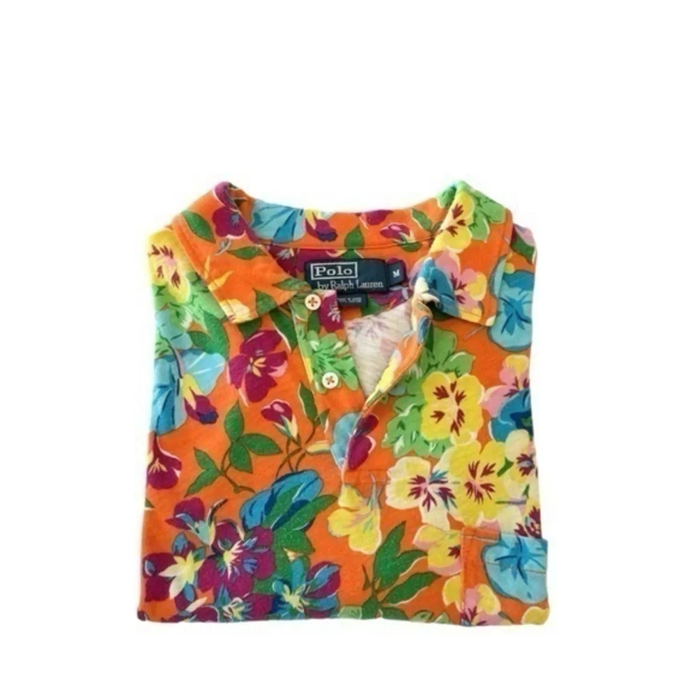 Ralph Lauren‎ Orange Cotton Floral Hawaiian Print Short Sleeve Polo Shirt Medium